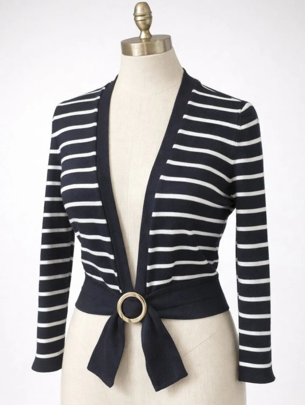 Vintage Jones New York Navy White Striped Cotton Tie Waist Cardigan Gold Buckle